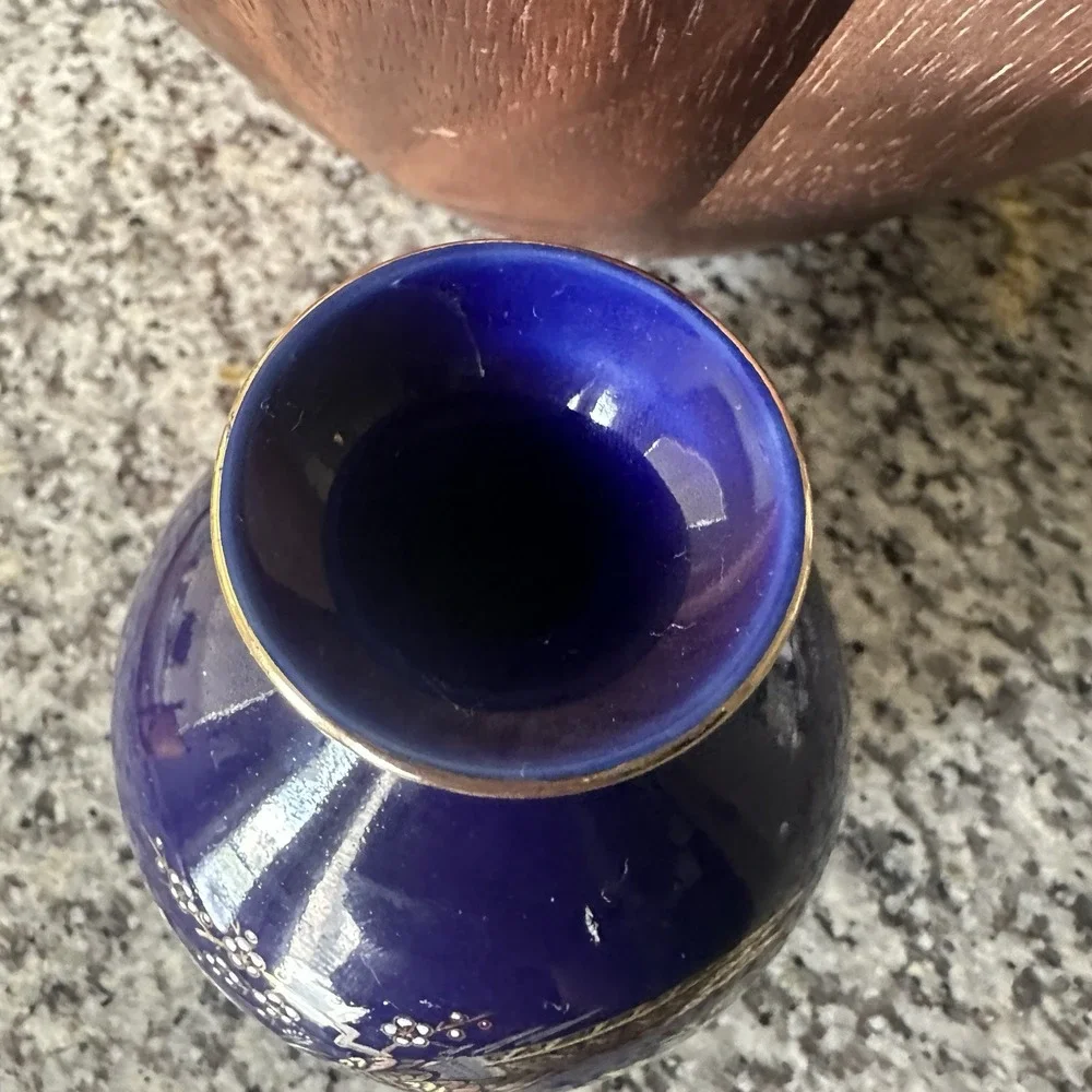 VTG Kutani Vase 4.5 Inch Cobalt Blue Porcelain‎ Japan Gold Bird Blooming Flowers